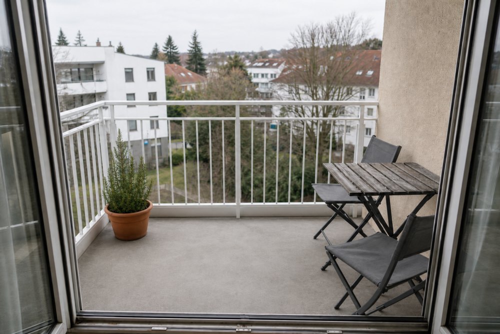 Derselbe Balkon nach Streichen und Reinigung – frisch gestrichenes Geländer, sauberer Boden und gepflegte Bepflanzung