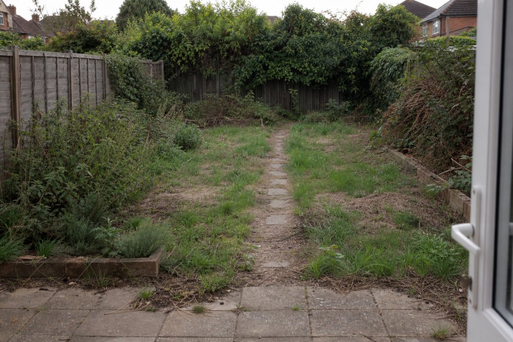 Verwilderter Garten vor der Pflege – ungeschnittene Hecken und Unkraut